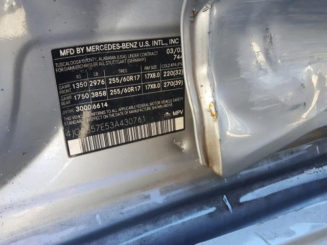 4JGAB57E53A430761 - 2003 MERCEDES-BENZ ML 350 SILVER photo 10