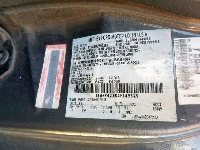 1FAFP42X84F149529 - 2004 FORD MUSTANG GT GRAY photo 10