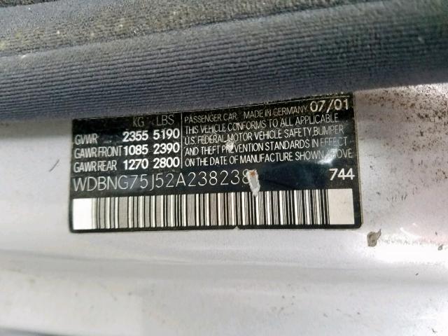 WDBNG75J52A238238 - 2002 MERCEDES-BENZ S 500 SILVER photo 10