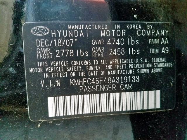 KMHFC46F48A319133 - 2008 HYUNDAI AZERA SE BLACK photo 10