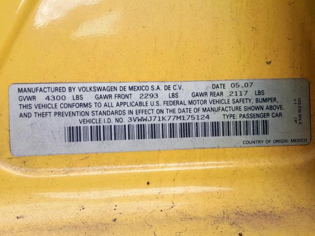 3VWWJ71K77M175124 - 2007 VOLKSWAGEN JETTA GLI YELLOW photo 10