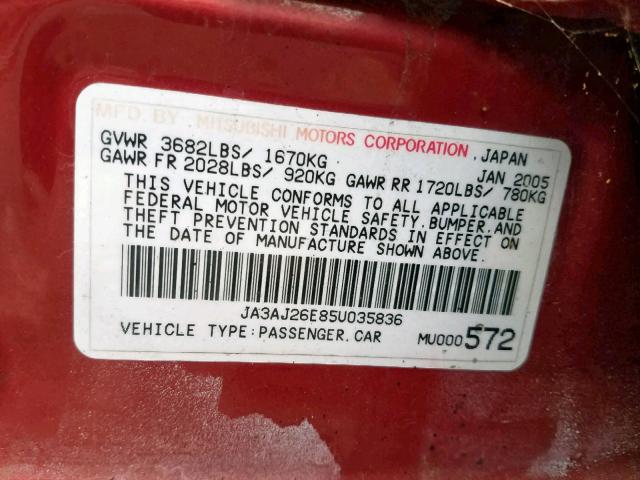 JA3AJ26E85U035836 - 2005 MITSUBISHI LANCER ES RED photo 10