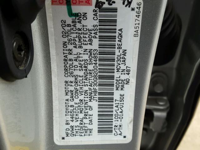 JTHBF30G820044853 - 2002 LEXUS ES 300 SILVER photo 10