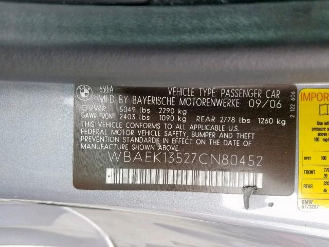 WBAEK13527CN80452 - 2007 BMW 650 I GRAY photo 10