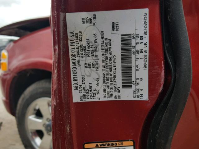 1FMZU75KX4UB49475 - 2004 FORD EXPLORER L RED photo 10