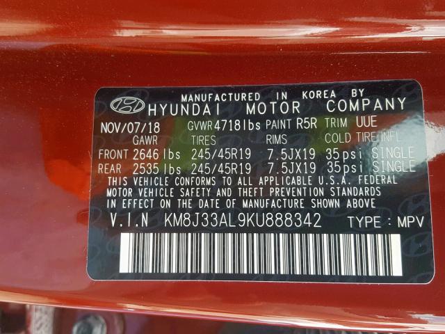 KM8J33AL9KU888342 - 2019 HYUNDAI TUCSON LIM RED photo 10