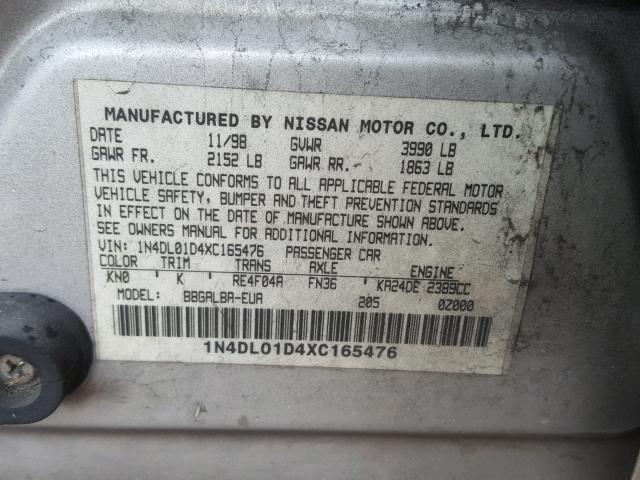 1N4DL01D4XC165476 - 1999 NISSAN ALTIMA XE SILVER photo 10