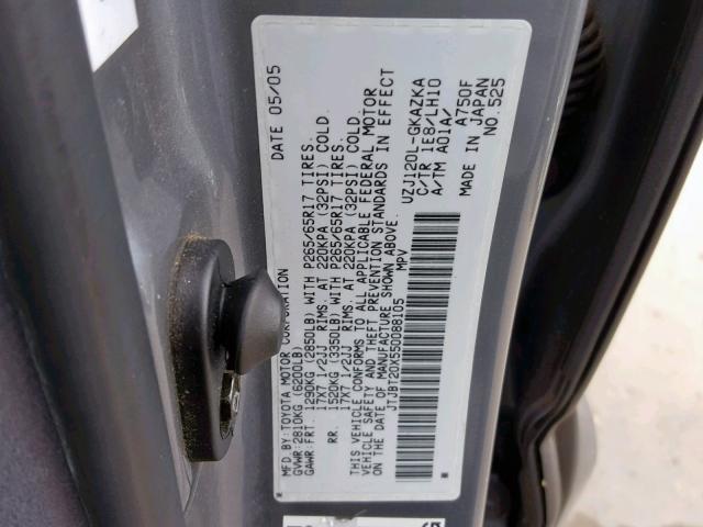 JTJBT20X550088105 - 2005 LEXUS GX 470 GRAY photo 10