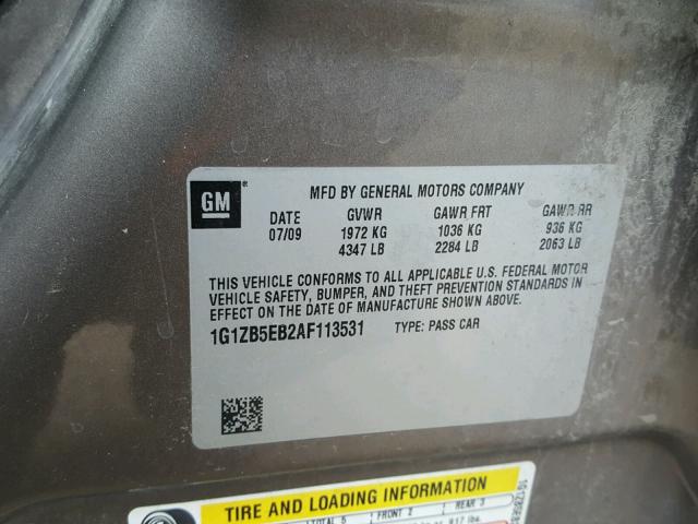 1G1ZB5EB2AF113531 - 2010 CHEVROLET MALIBU LS გრაფიტი ფოტო 10