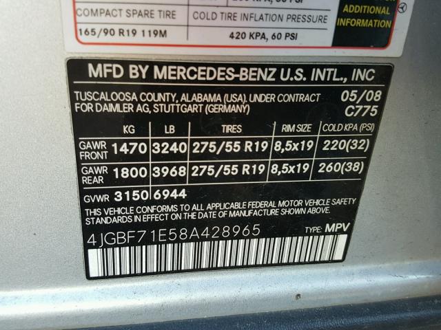 4JGBF71E58A428965 - 2008 MERCEDES-BENZ GL 450 4MA SILVER photo 10