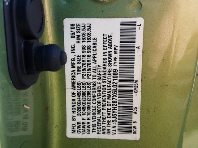 5J6YH287X6L021089 - 2006 HONDA ELEMENT EX GREEN photo 10