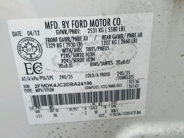 2FMDK4JC2DBA24196 - 2013 FORD EDGE SEL WHITE photo 10