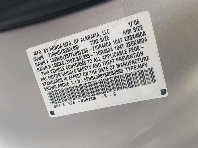 5FNRL38816B060583 - 2006 HONDA ODYSSEY TO SILVER photo 10