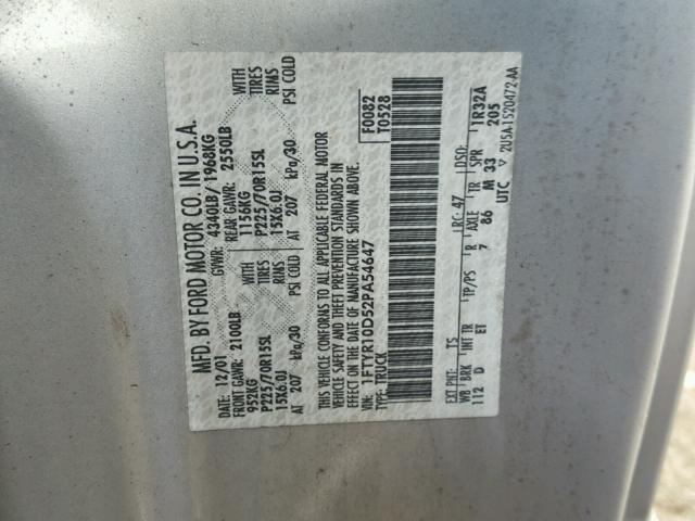 1FTYR10D52PA54647 - 2002 FORD RANGER SILVER photo 10