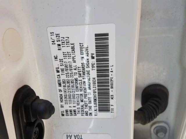 5J6RM3H79FL016634 - 2015 HONDA CR-V EXL WHITE photo 10