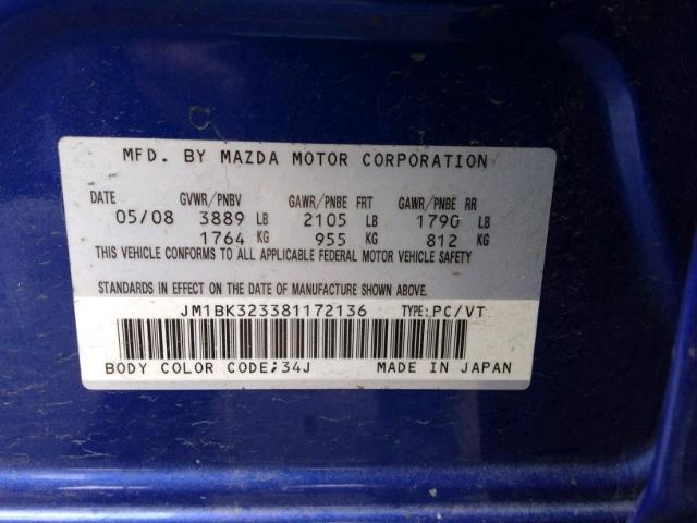 JM1BK323381172136 - 2008 MAZDA 3 S BLUE photo 9