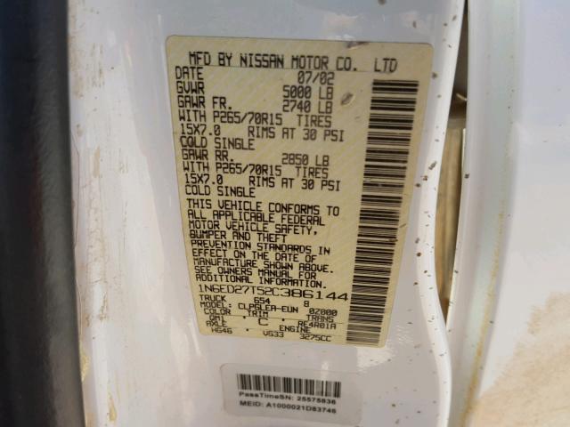 1N6ED27T52C386144 - 2002 NISSAN FRONTIER C WHITE photo 10