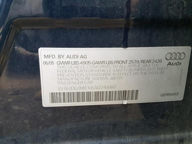 WAUDG98EX6A024680 - 2006 AUDI A4 3.2 QUA BLUE photo 10