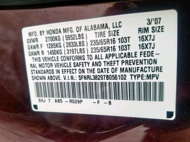 5FNRL38297B056102 - 2007 HONDA ODYSSEY LX BURGUNDY photo 10