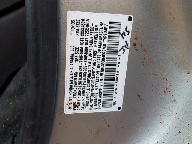 5FNRL38806B029700 - 2006 HONDA ODYSSEY TO SILVER photo 10