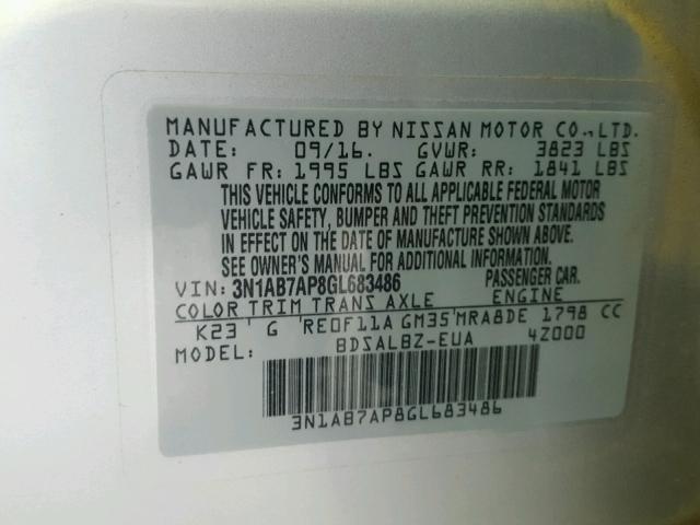 3N1AB7AP8GL683486 - 2016 NISSAN SENTRA S SILVER photo 10