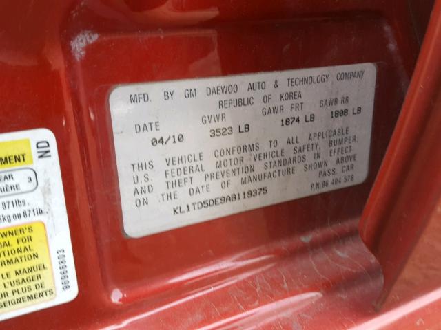 KL1TD5DE9AB119375 - 2010 CHEVROLET AVEO LS RED photo 10