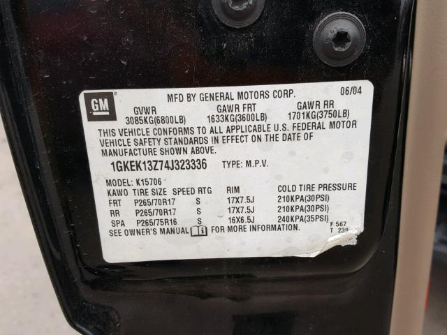 1GKEK13Z74J323336 - 2004 GMC YUKON BLACK photo 10