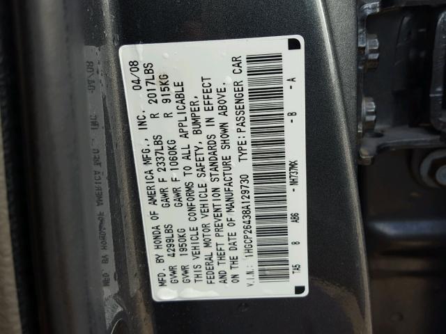 1HGCP26438A129730 - 2008 HONDA ACCORD LXP CHARCOAL photo 10