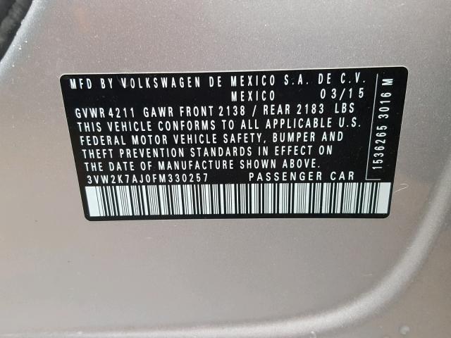 3VW2K7AJ0FM330257 - 2015 VOLKSWAGEN JETTA BASE Արծաթագույն լուսանկար 10