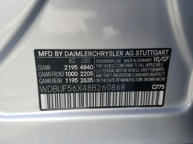 WDBUF56X48B260868 - 2008 MERCEDES-BENZ E 350 SILVER photo 10