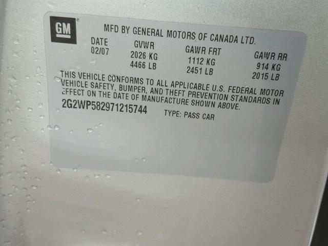 2G2WP582971215744 - 2007 PONTIAC GRAND PRIX SILVER photo 10