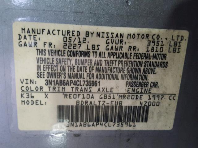 3N1AB6AP4CL735961 - 2012 NISSAN SENTRA 2.0 GRAY photo 10