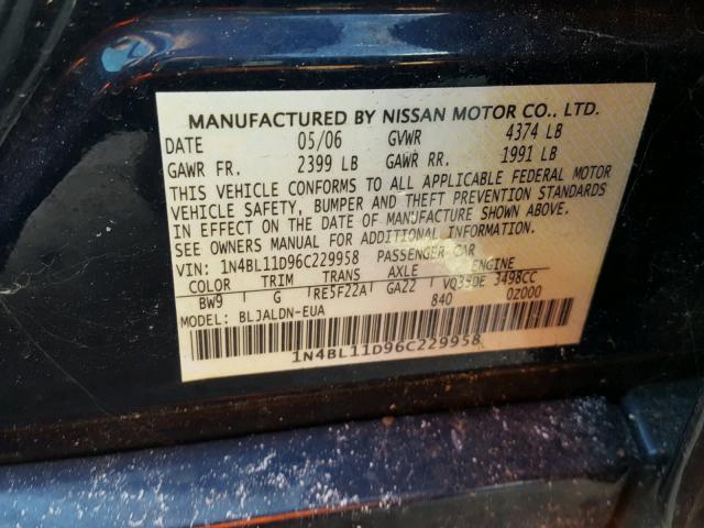 1N4BL11D96C229958 - 2006 NISSAN ALTIMA SE BLUE photo 10