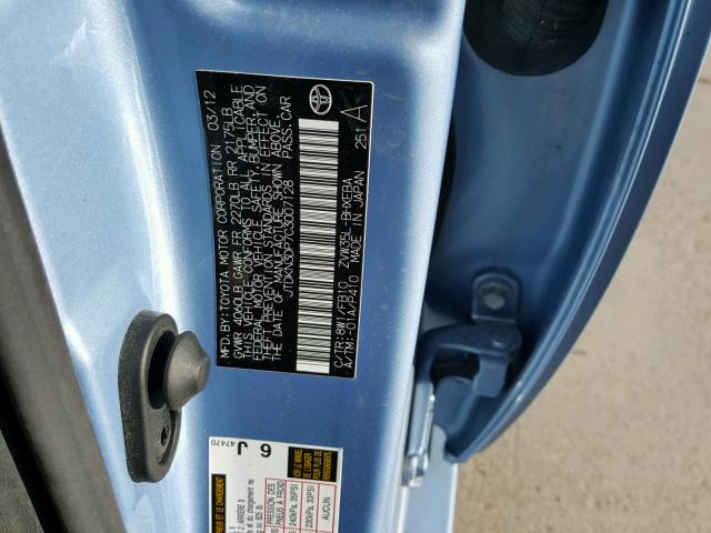 JTDKN3DP7C3007128 - 2012 TOYOTA PRIUS PLUG BLUE photo 10