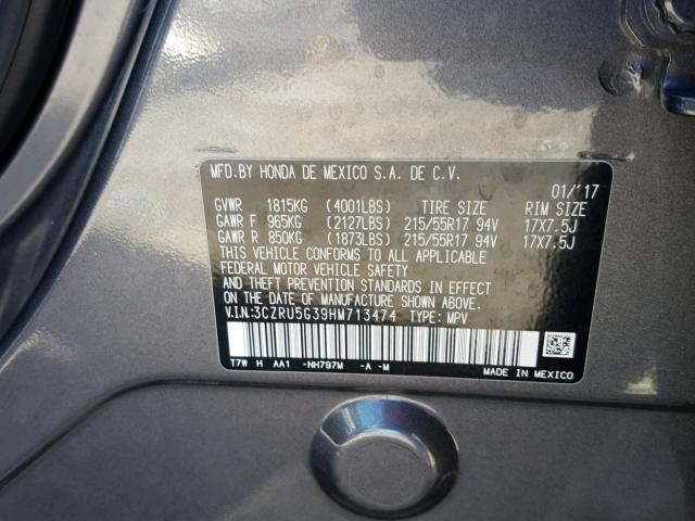 3CZRU5G39HM713474 - 2017 HONDA HR-V LX GRAY photo 10