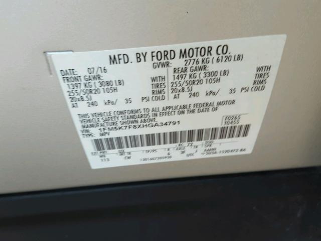 1FM5K7F8XHGA34791 - 2017 FORD EXPLORER L SILVER photo 10