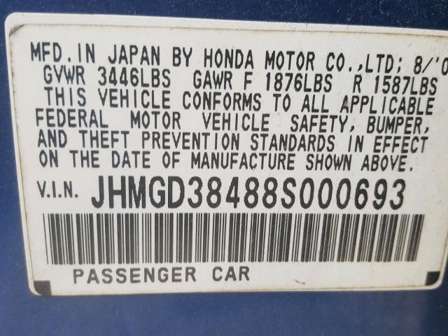 JHMGD38488S000693 - 2008 HONDA FIT BLUE photo 10