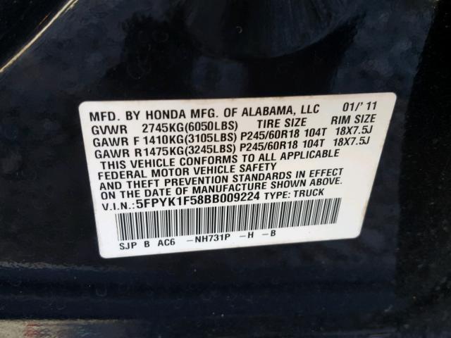 5FPYK1F58BB009224 - 2011 HONDA RIDGELINE BLACK photo 10