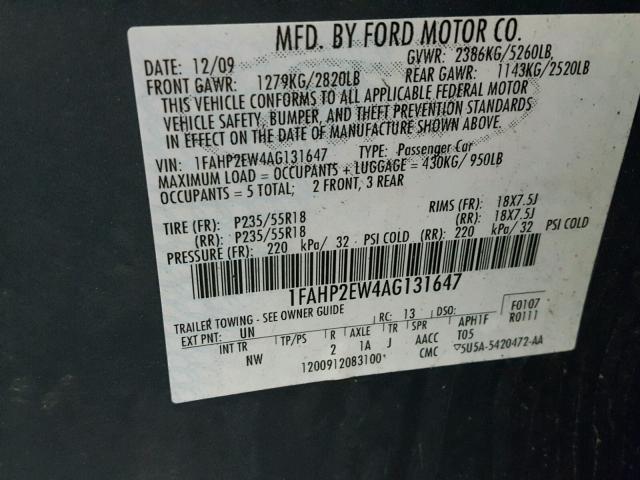 1FAHP2EW4AG131647 - 2010 FORD TAURUS SEL BLUE photo 10