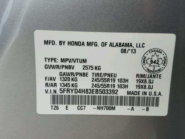 5FRYD4H83EB503392 - 2014 ACURA MDX ADVANC SILVER photo 10