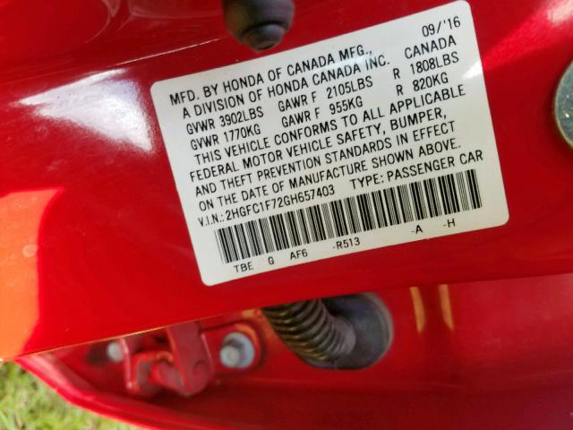 2HGFC1F72GH657403 - 2016 HONDA CIVIC EXL 红色 照片 10