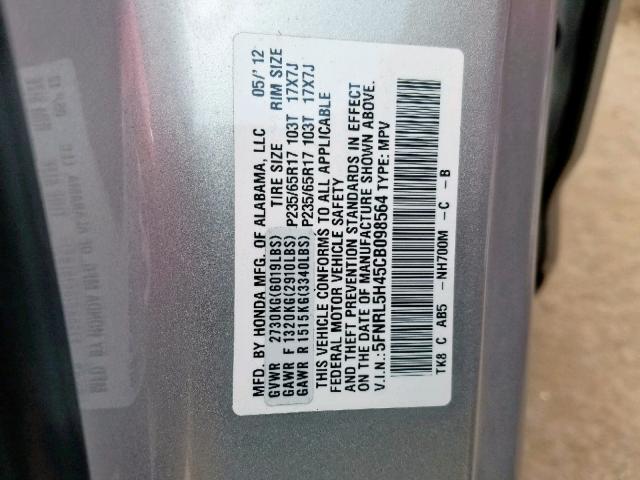 5FNRL5H45CB098564 - 2012 HONDA ODYSSEY EX SILVER photo 10