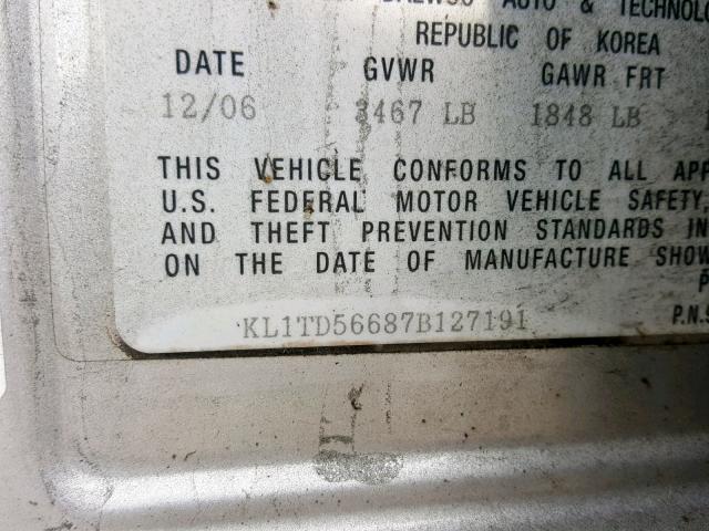 KL1TD56687B127191 - 2007 CHEVROLET AVEO BASE ვერცხლისფერი ფოტო 10