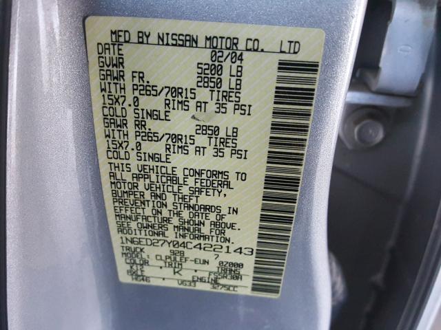 1N6ED27Y04C422143 - 2004 NISSAN FRONTIER C SILVER photo 10