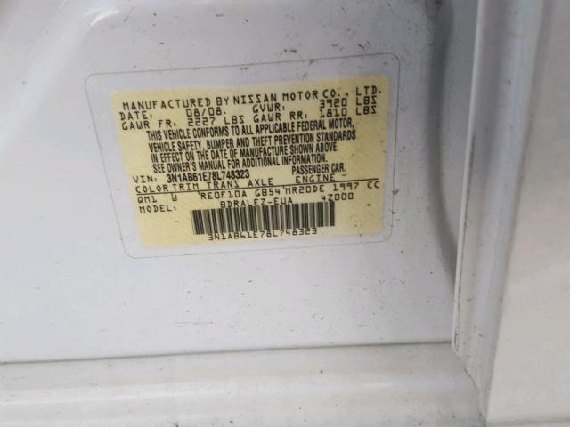 3N1AB61E78L748323 - 2008 NISSAN SENTRA 2.0 WHITE photo 10