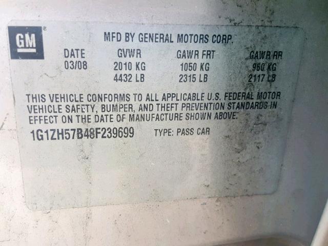 1G1ZH57B48F239699 - 2008 CHEVROLET MALIBU 1LT 银色 照片 10