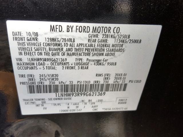 1LNHM93R99G621369 - 2009 LINCOLN MKS BLACK photo 10