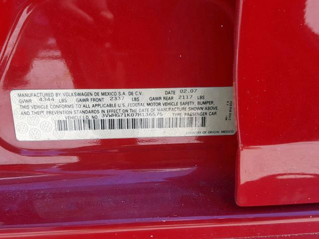 3VWHG71K07M136575 - 2007 VOLKSWAGEN JETTA 2.5 RED photo 10