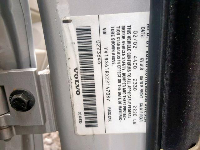 YV1RS61RX22147087 - 2002 VOLVO S60 SILVER photo 10