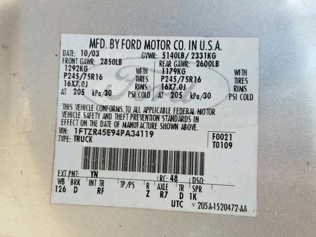 1FTZR45E94PA34119 - 2004 FORD RANGER SUP SILVER photo 10